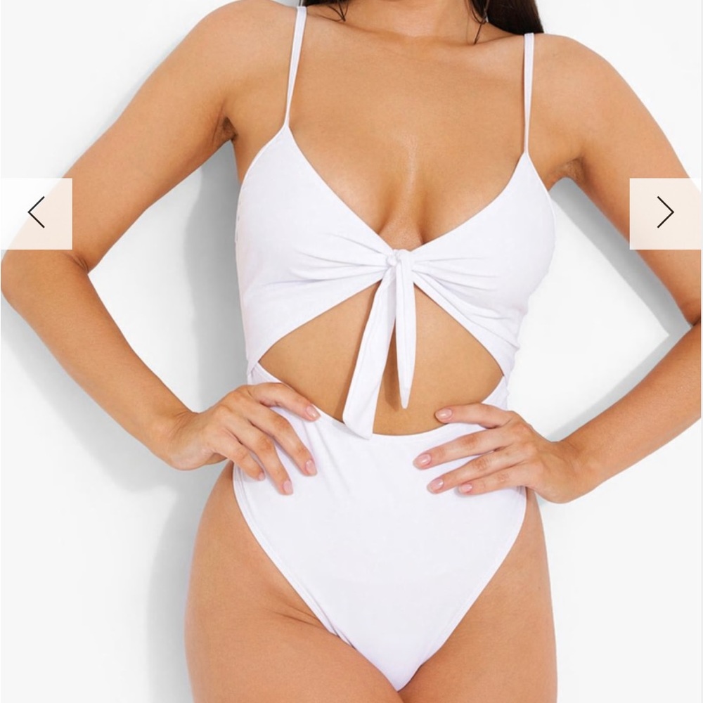 Boohoo White Tie-Front Cutout One-Piece Swimsuit